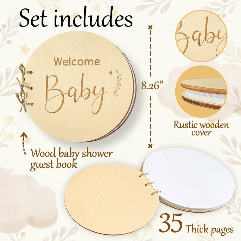 STOFINITY Wooden Baby Shower Guest Book Alternatives for Girl Boy - Welcome Baby Shower Sign in Guest Book Keepsake Gifts, Blank Guestbook for Baby Shower Decorations Gender Neutral - Image 2